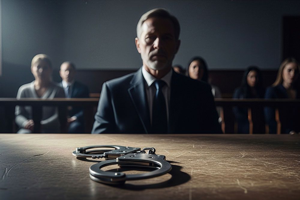 Man in courtroom with handcuffs on table, symbolizing legal proceedings and justice.