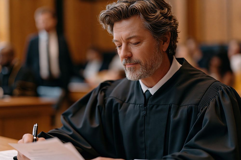 Judge reviewing legal documents in courtroom, focused and thoughtful expression.
