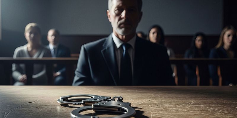 Man in courtroom with handcuffs on table, symbolizing legal proceedings and justice.