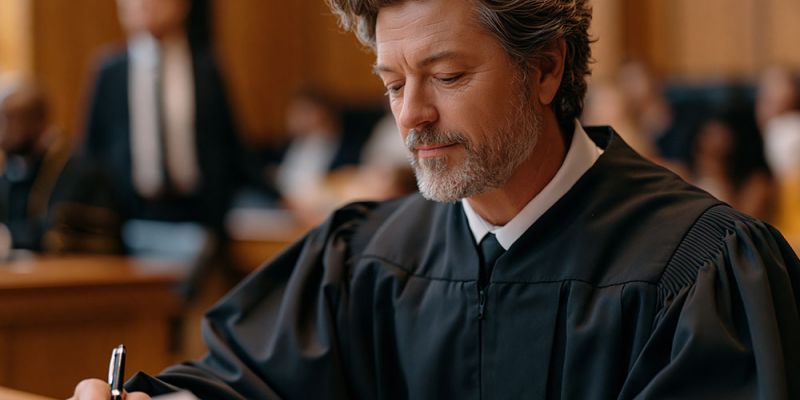 Judge reviewing legal documents in courtroom, focused and thoughtful expression.