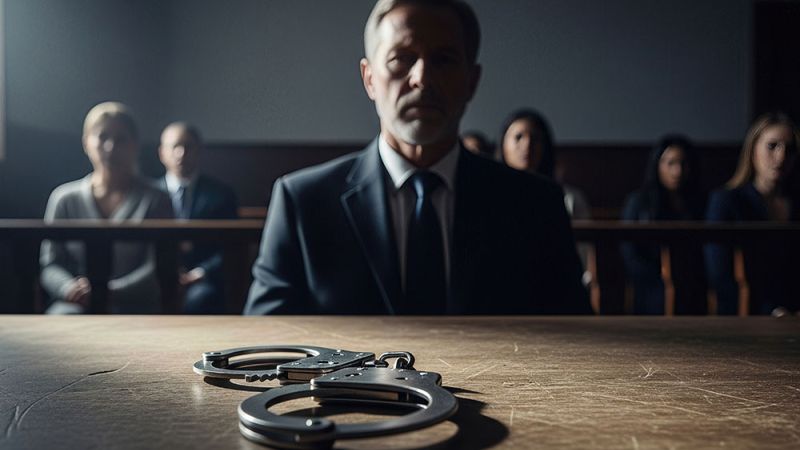 Man in courtroom with handcuffs on table, symbolizing legal proceedings and justice.
