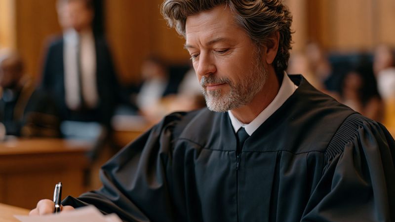 Judge reviewing legal documents in courtroom, focused and thoughtful expression.