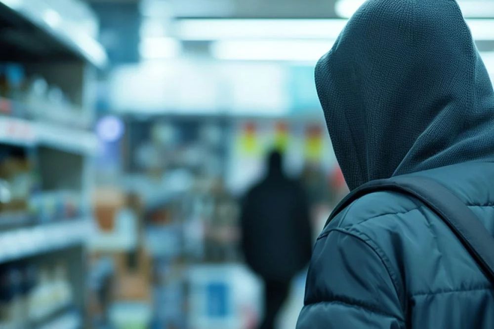 Person in hoodie near grocery store shelves, suggesting stealth or shopping in background, daytime setting.